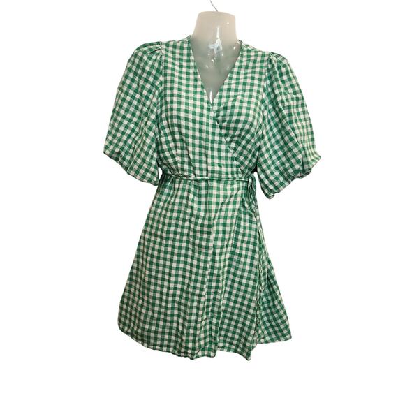 Old Navy Above The Knee Linen Waist-Defined Wrap Gingham Dress Green Medium - Picture 1 of 9
